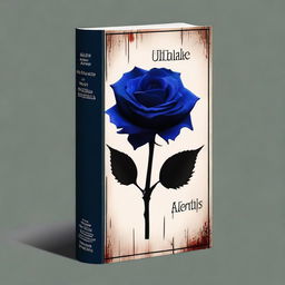 Create a book cover with dimensions 9 inches down and 6 inches across, featuring a dark blue rose dripping blood against a black background