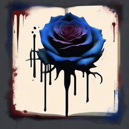 Create a book cover with dimensions 9 inches down and 6 inches across, featuring a dark blue rose dripping blood against a black background