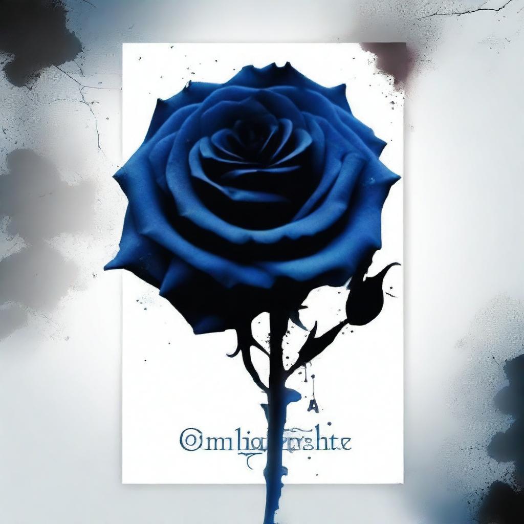 Create a book cover with dimensions 9 inches down and 6 inches across, featuring a dark blue rose dripping blood against a black background