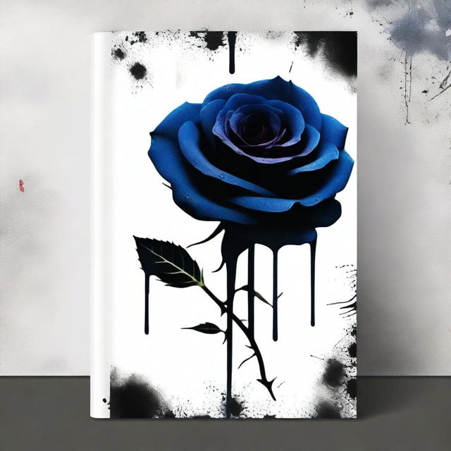 Create a book cover with dimensions 9 inches down and 6 inches across, featuring a dark blue rose dripping blood against a black background