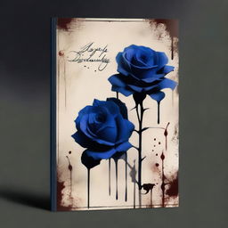 Create a book cover with dimensions 9 inches down and 6 inches across, featuring a dark blue rose dripping blood against a black background