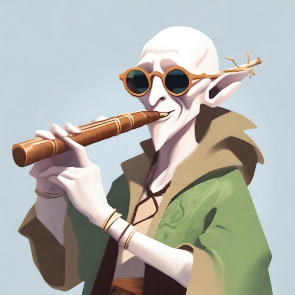 A cartoonish elvish bard wearing sunglasses, playing a flute made entirely out of a giant bone