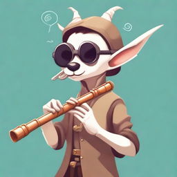 A cartoonish elvish bard wearing sunglasses, playing a flute made entirely out of a giant bone