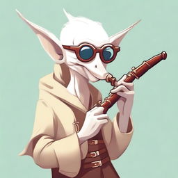 A cartoonish elvish bard wearing sunglasses, playing a flute made entirely out of a giant bone