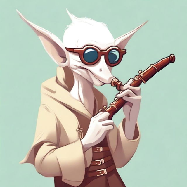 A cartoonish elvish bard wearing sunglasses, playing a flute made entirely out of a giant bone