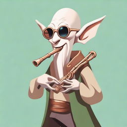 A cartoonish elvish bard wearing sunglasses, playing a flute made entirely out of a giant bone