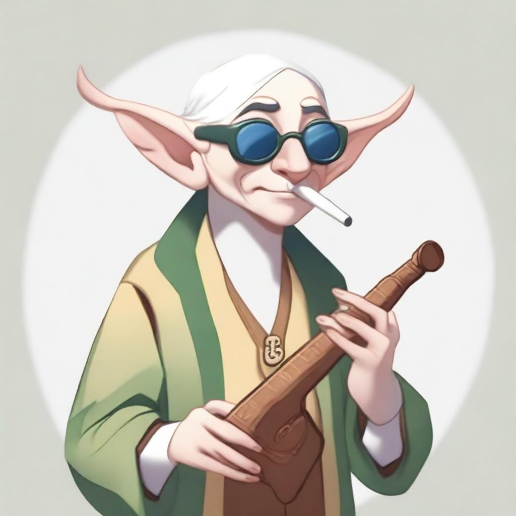 A cartoonish elvish bard wearing sunglasses, playing a bone flute