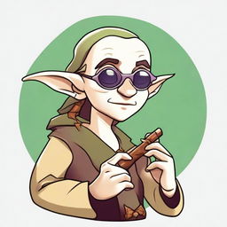 A cartoonish elvish bard wearing sunglasses, playing a bone flute