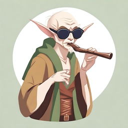 A cartoonish elvish bard wearing sunglasses, playing a bone flute