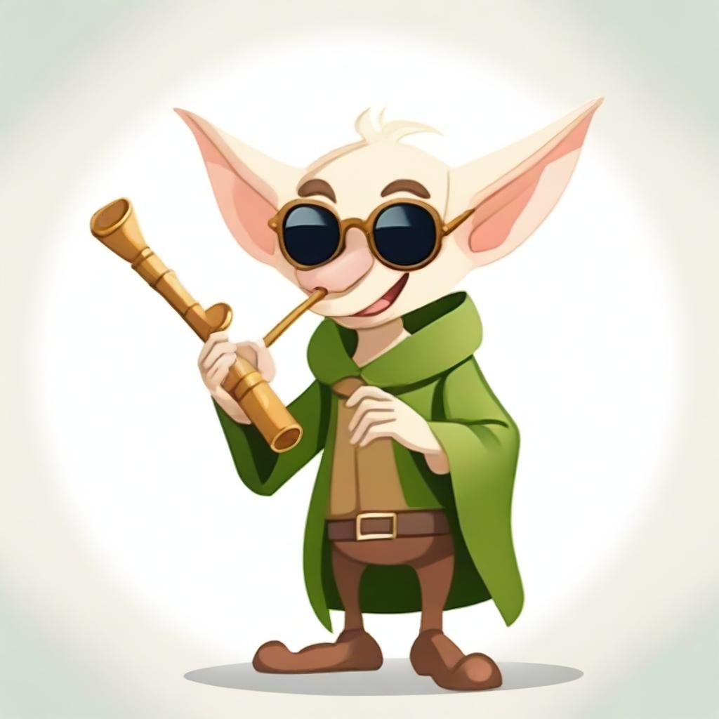 A cartoonish elvish bard wearing sunglasses, playing a 'bone flute'