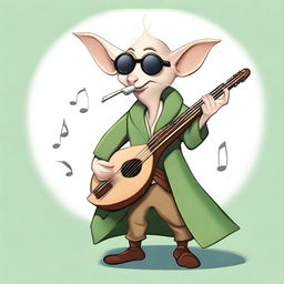 A cartoonish elvish bard wearing sunglasses, playing a 'bone flute'