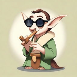 A cartoonish elvish bard wearing sunglasses, playing a 'bone flute'