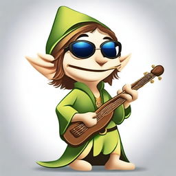 A cartoonish elvish bard wearing sunglasses, playing a 'bone flute'