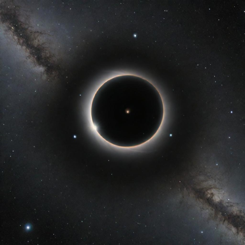 Illustration of Ton 618, one of the largest known black holes, against a dazzling backdrop of distant stars and galaxies.