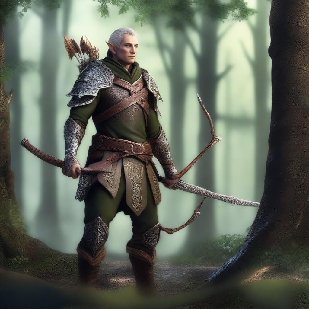 A veteran elf hunter standing in a dense forest, wearing intricate leather armor and holding a beautifully crafted bow