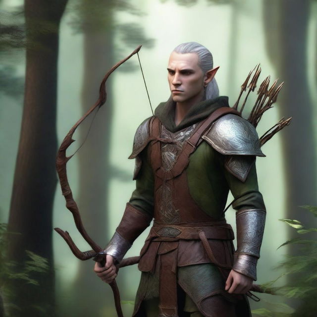 A veteran elf hunter standing in a dense forest, wearing intricate leather armor and holding a beautifully crafted bow