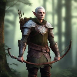 A veteran elf hunter standing in a dense forest, wearing intricate leather armor and holding a beautifully crafted bow