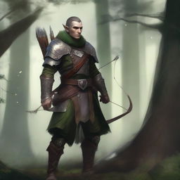 A veteran elf hunter standing in a dense forest, wearing intricate leather armor and holding a beautifully crafted bow