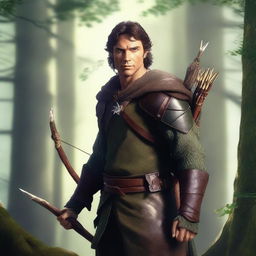 A veteran elf hunter with dark brown hair, wearing a rugged outfit suitable for hunting in the forest