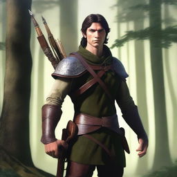 A veteran elf hunter with dark brown hair, wearing a rugged outfit suitable for hunting in the forest