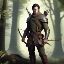 A veteran elf hunter with dark brown hair, wearing a rugged outfit suitable for hunting in the forest