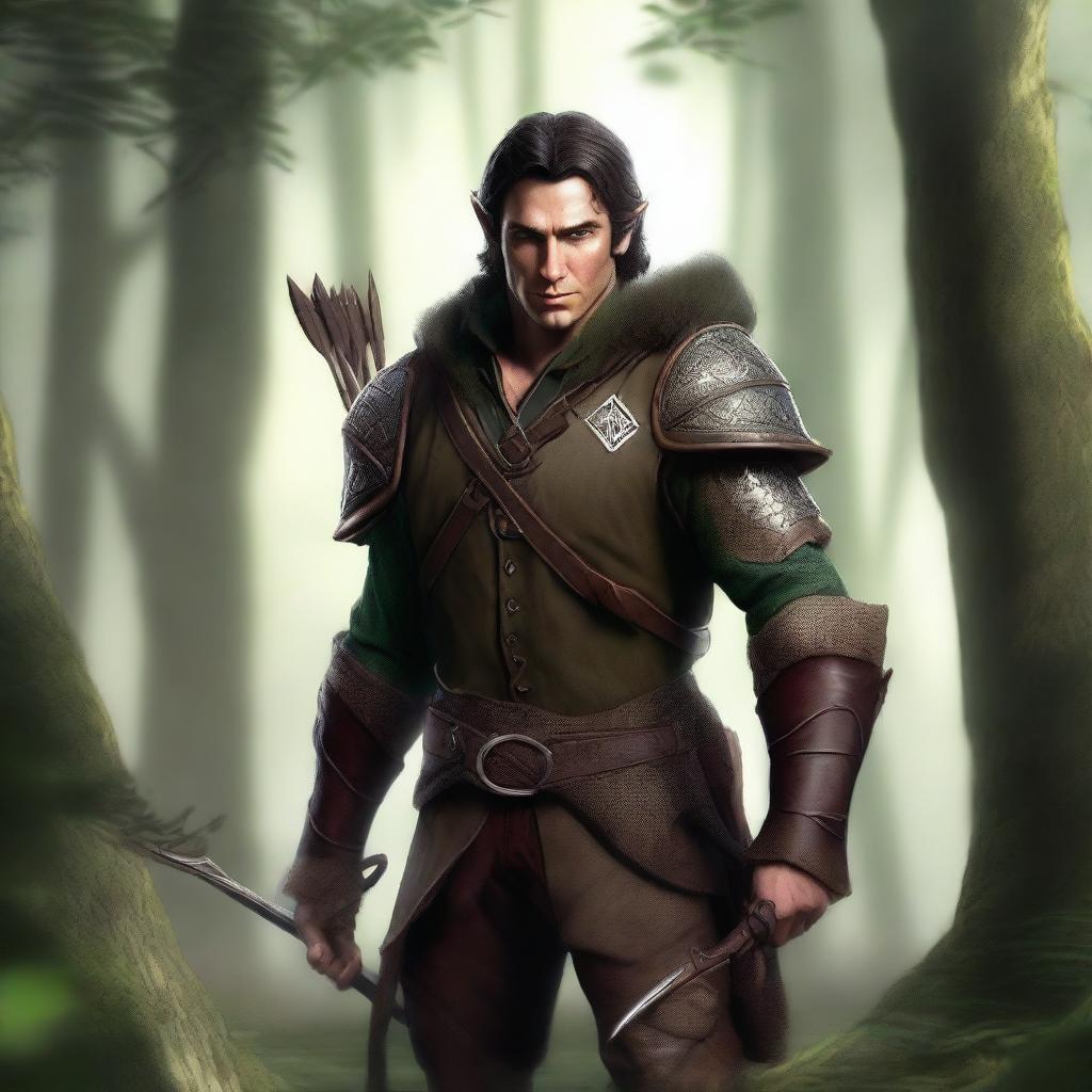 A veteran elf hunter with dark brown hair, wearing a rugged outfit suitable for hunting in the forest