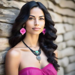 A beautiful woman with long, wavy dark hair and light skin stands in front of a rustic stone wall