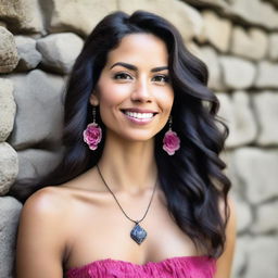 A beautiful woman with long, wavy dark hair and light skin stands in front of a rustic stone wall