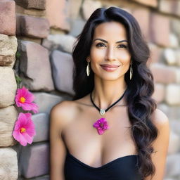 A beautiful woman with long, wavy dark hair and light skin stands in front of a rustic stone wall