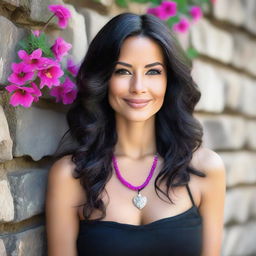 A beautiful woman with long, wavy dark hair and light skin stands in front of a rustic stone wall