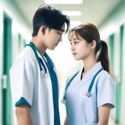 A romance book cover featuring a Korean teenage boy and a white teenage girl, both dressed in patient uniforms, looking lovingly into each other's eyes in the hallway of a hospital
