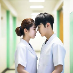 A romance book cover featuring a Korean teenage boy and a white teenage girl, both dressed in patient uniforms, looking lovingly into each other's eyes in the hallway of a hospital