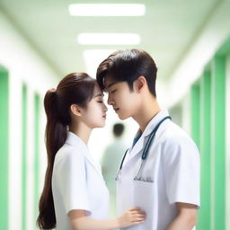 A romance book cover featuring a Korean teenage boy and a white teenage girl, both dressed in patient uniforms, looking lovingly into each other's eyes in the hallway of a hospital