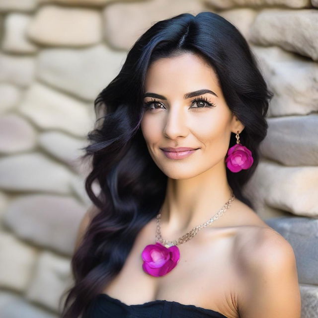 A real beautiful woman with long, wavy dark hair and light skin stands in front of a rustic stone wall