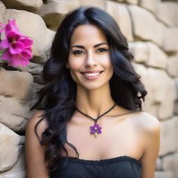 A real beautiful woman with long, wavy dark hair and light skin stands in front of a rustic stone wall