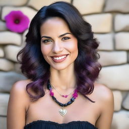 A real beautiful woman with long, wavy dark hair and light skin stands in front of a rustic stone wall