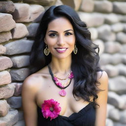 A real beautiful woman with long, wavy dark hair and light skin stands in front of a rustic stone wall