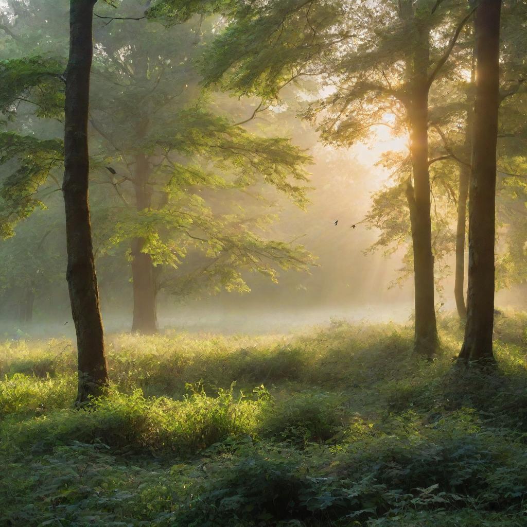 A tranquil scene featuring a lush green forest bathed in sunrise light, with dew on leaves and birds chirping in the background.