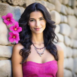 A real beautiful woman with long, wavy dark hair and light skin stands in front of a rustic stone wall