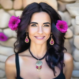 A real beautiful woman with long, wavy dark hair and light skin stands in front of a rustic stone wall