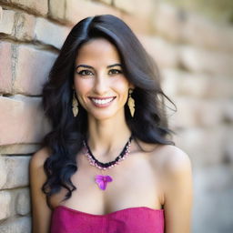 A real beautiful woman with long, wavy dark hair and light skin stands in front of a rustic stone wall