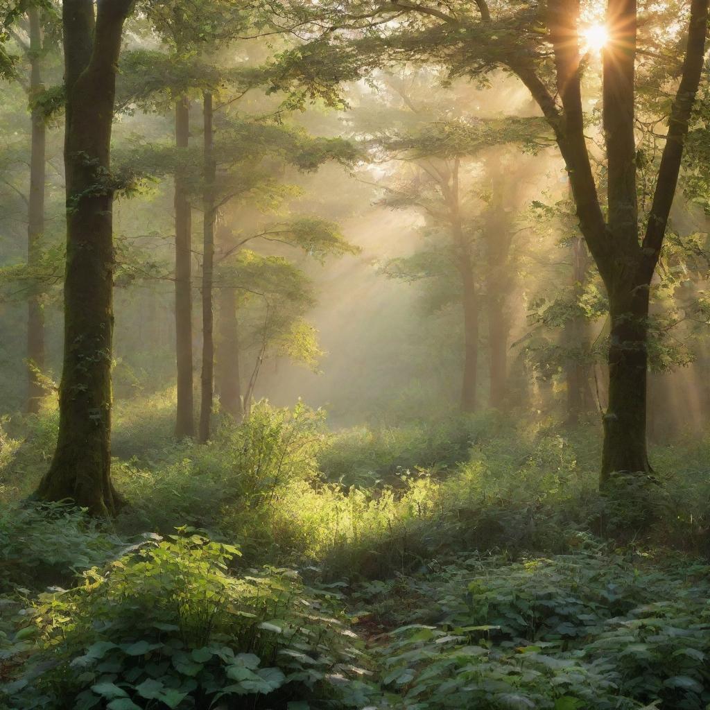 A tranquil scene featuring a lush green forest bathed in sunrise light, with dew on leaves and birds chirping in the background.