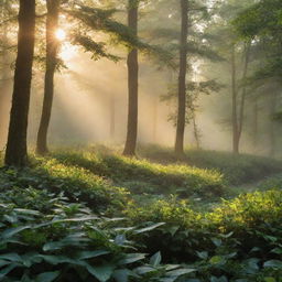 A tranquil scene featuring a lush green forest bathed in sunrise light, with dew on leaves and birds chirping in the background.