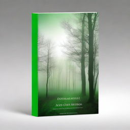 Create a book cover with dimensions 9 inches down and 6 inches across, featuring green trees and a misty sky