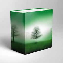 Create a book cover with dimensions 9 inches down and 6 inches across, featuring green trees and a misty sky