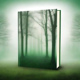 Create a book cover with dimensions 9 inches down and 6 inches across, featuring green trees and a misty sky