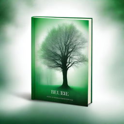 Create a book cover with dimensions 9 inches down and 6 inches across, featuring green trees and a misty sky