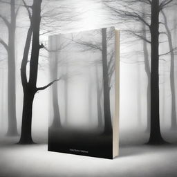 Create a book cover with dimensions 9 inches down and 6 inches across, featuring trees and a misty ground