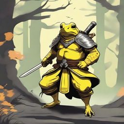 A detailed illustration of a yellow frog samurai with heavy armor