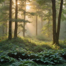 A tranquil scene featuring a lush green forest bathed in sunrise light, with dew on leaves and birds chirping in the background.